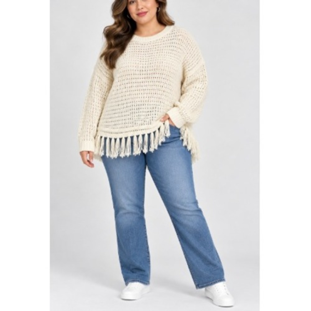 Cavalini Womens Oatmeal Beige Open Knit Fringe Pullover Sweater Size PXL